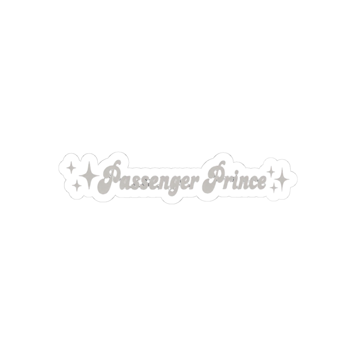 A car's sun visor mirror with a white sticker that says "Passenger Prince" with two small stars on either side